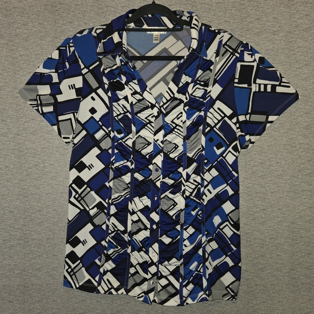 Dressbarn Vivid Blue Button-Up Blouse V-Neck Geometric Print Women's Size 14/16